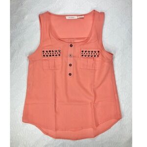 Blu Pepper Studded Pocket Henley Tank Top Womens Small Orange Boho Summer Flowy